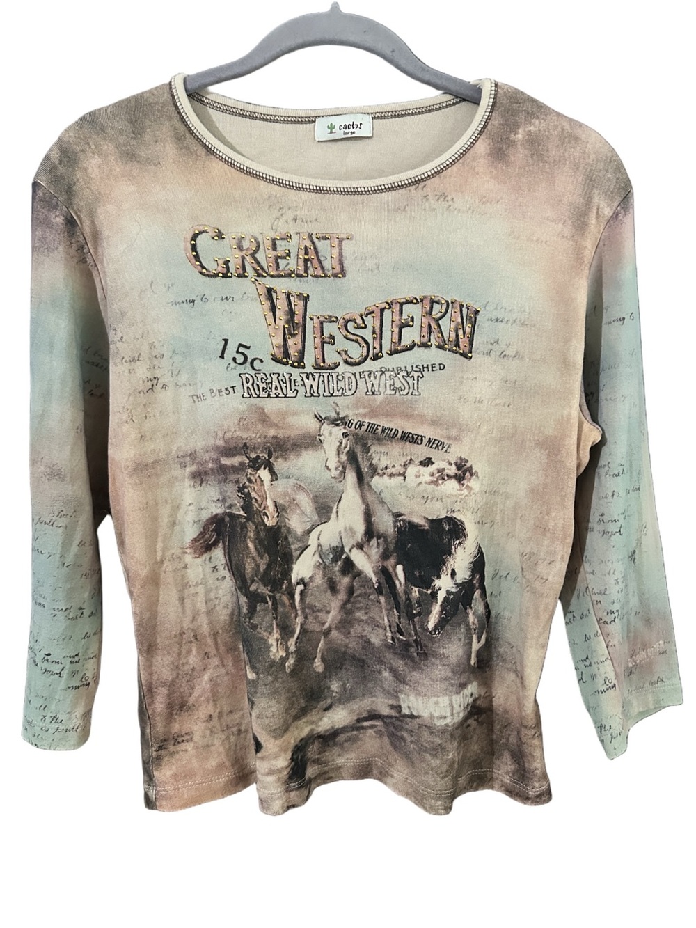 Cactus Great Western 'Real Wild West' Horse Graphic 3/4 Sleeve Top Sage Tan Sz M